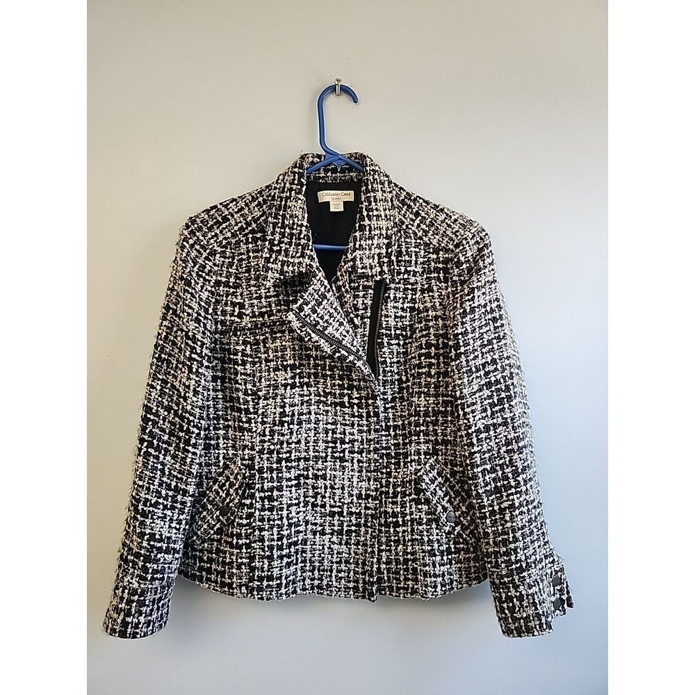 Coldwater Creek Womens 14p Jacket Black Gray Tweed Lined Full Zip‎ Shoulder Pads
